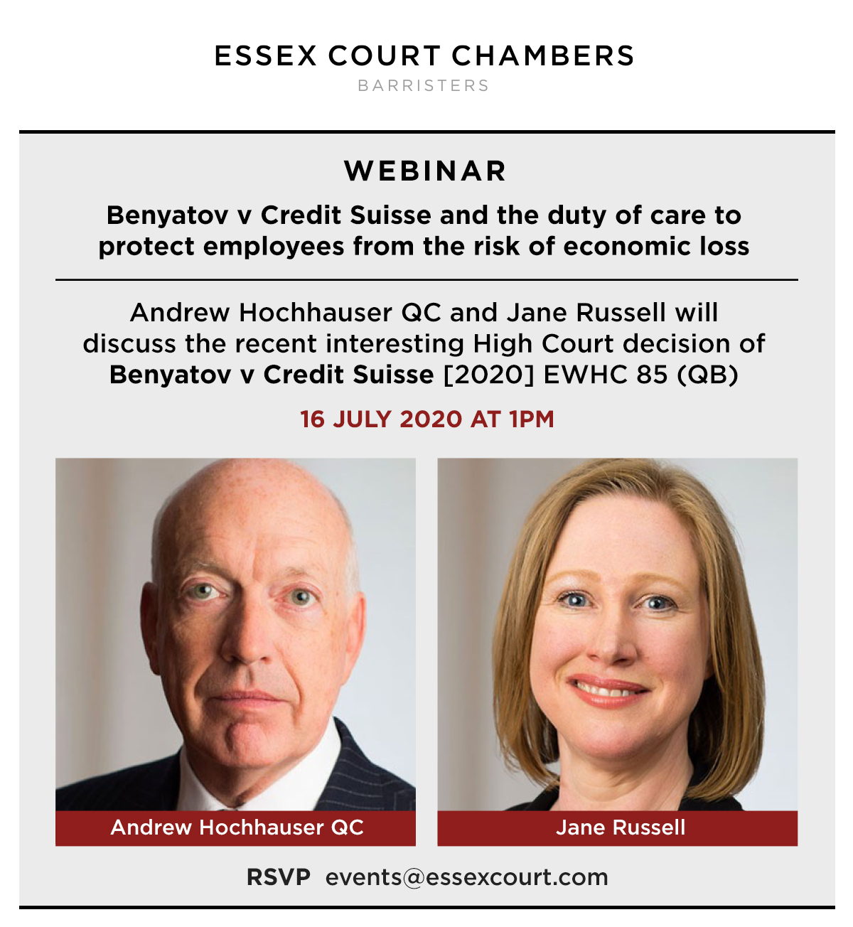 Essex Court Chambers Webinar: Benyatov v Credit Suisse and the duty of care to protect employees from the risk of economic loss